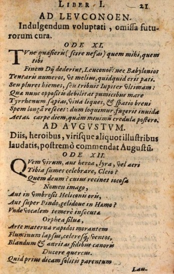Ode I 11, da un'edizione di Orazio "ab omnibus obscoenitatibus expurgatus" pubblicata a München nel 1632